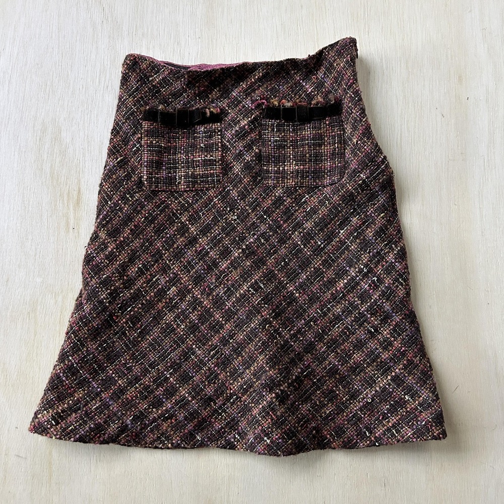 Y2K Express Design Studio Skirt Womens 0 Brown Plaid Tweed A-Line Short Bow